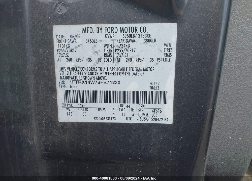 2006 FORD F-150 STX/XL/XLT VIN: 1FTRX14W76FB71230