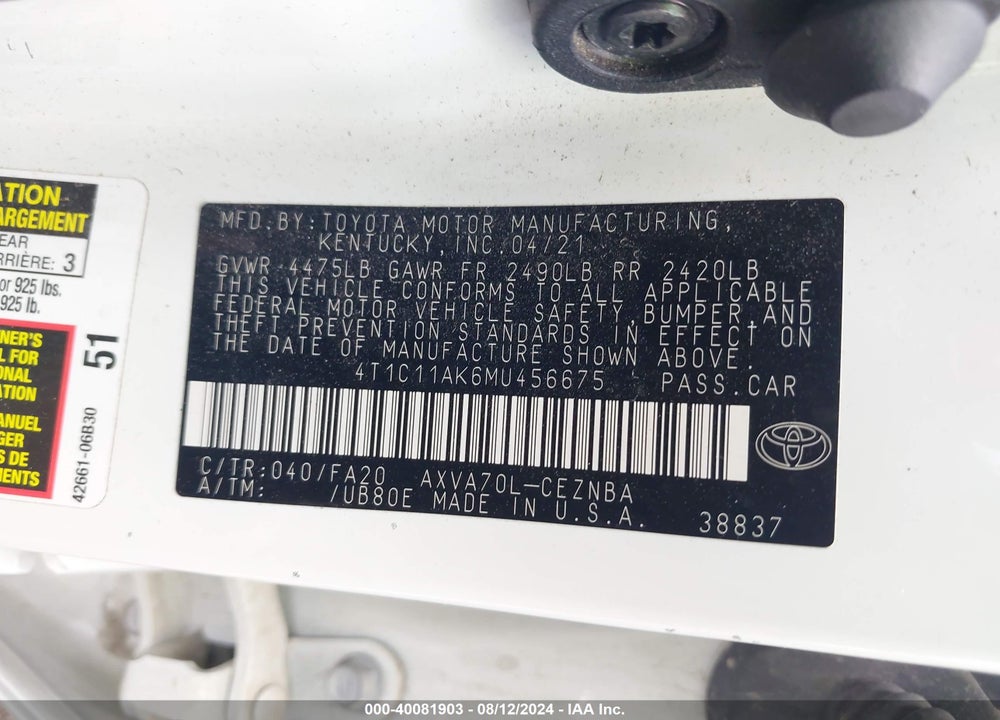 2021 TOYOTA CAMRY LE VIN: 4T1C11AK6MU456675