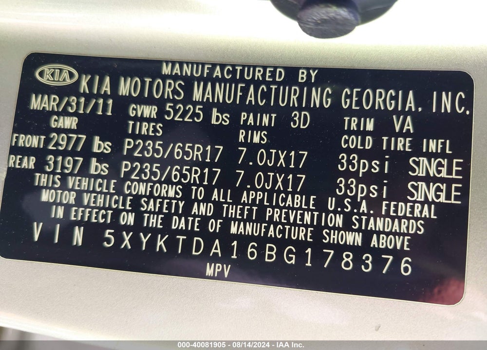 2011 KIA SORENTO VIN: 5XYKTDA16BG178376