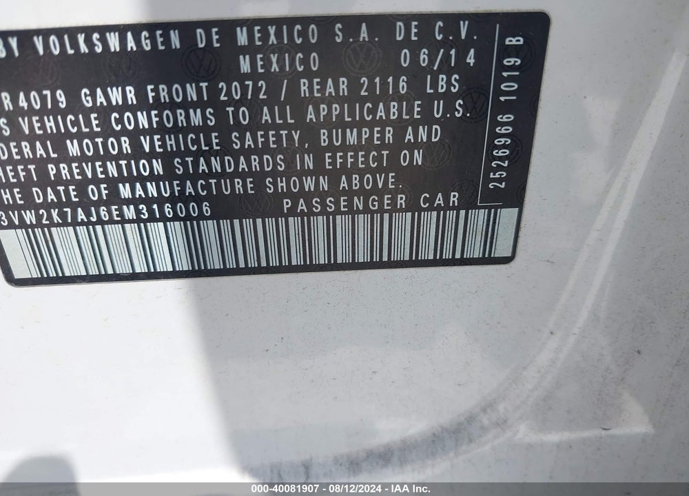 2014 VOLKSWAGEN JETTA VIN: 3VW2K7AJ6EM316006