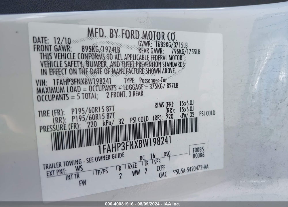 2011 FORD FOCUS SE VIN: 1FAHP3FNXBW198241