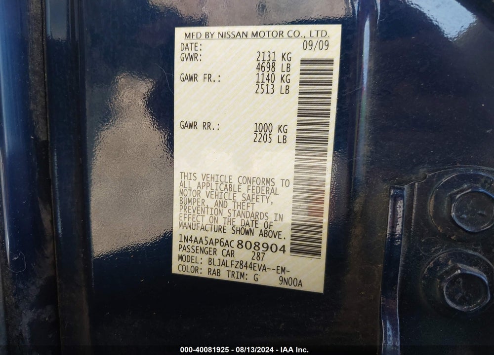 2010 NISSAN MAXIMA 3.5 SV VIN: 1N4AA5AP6AC808904