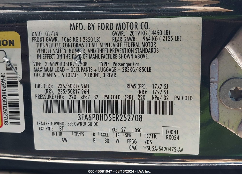 2014 FORD FUSION SE VIN: 3FA6P0HD5ER252708