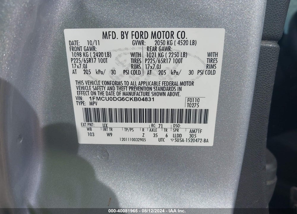 2012 FORD ESCAPE XLT VIN: 1FMCU0DG6CKB04831