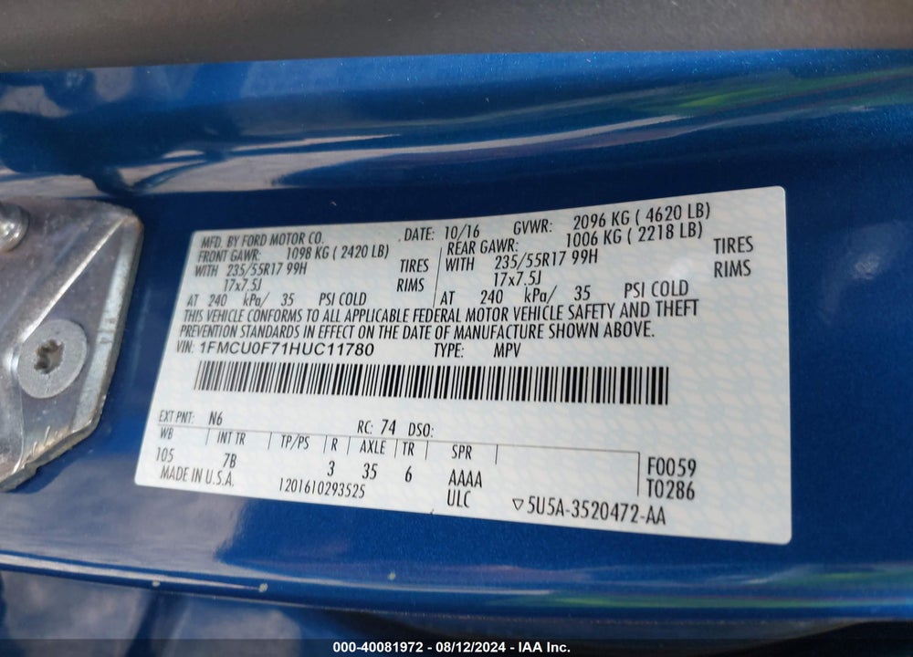 2017 FORD ESCAPE S VIN: 1FMCU0F71HUC11780