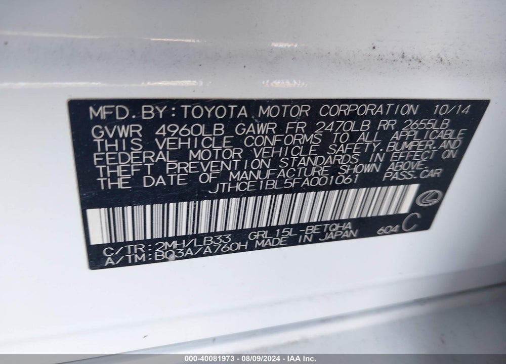 2015 LEXUS GS 350 CRAFTED LINE VIN: JTHCE1BL5FA001061