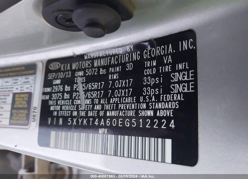 2014 KIA SORENTO LX VIN: 5XYKT4A60EG512224