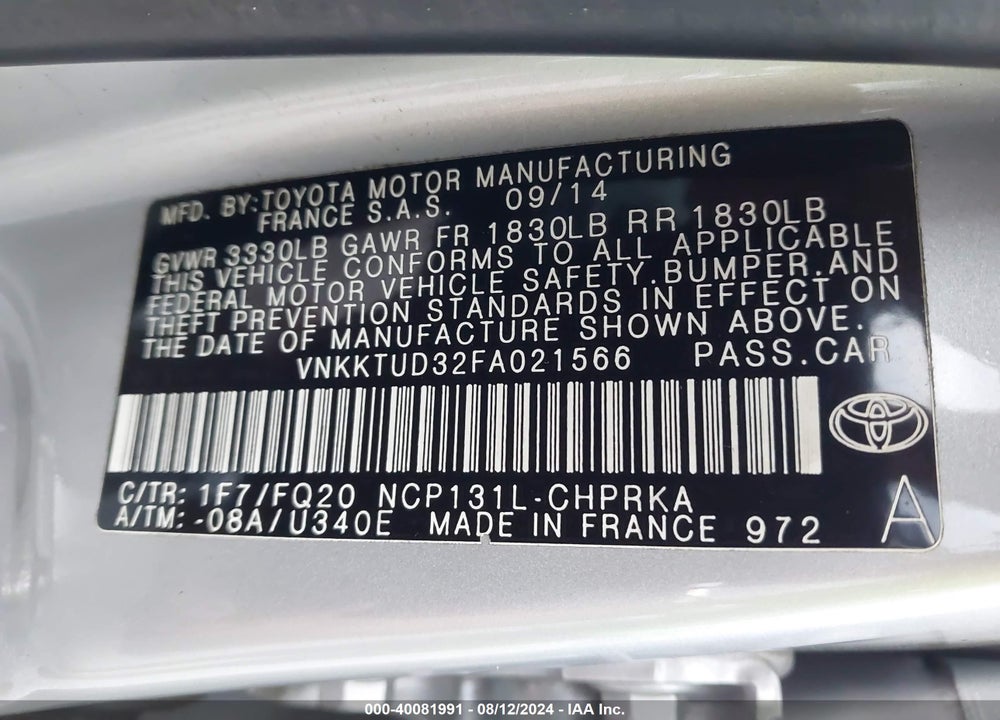 2015 TOYOTA YARIS L VIN: VNKKTUD32FA021566