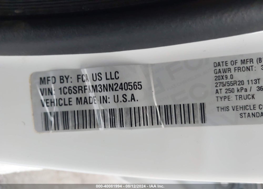 2022 RAM 1500 LIMITED LONGHORN 4X4 5'7 BOX VIN: 1C6SRFKM3NN240565