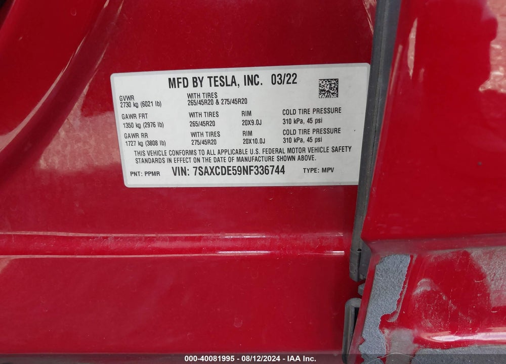 2022 TESLA MODEL X DUAL MOTOR ALL-WHEEL DRIVE/PLAID TRI MOTOR ALL-WHEEL DRIVE VIN: 7SAXCDE59NF336744