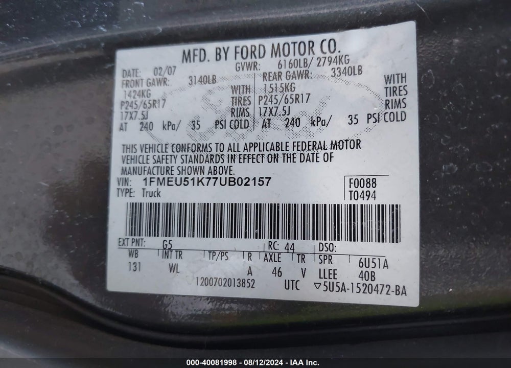 2007 FORD EXPLORER SPORT TRAC XLT VIN: 1FMEU51K77UB02157