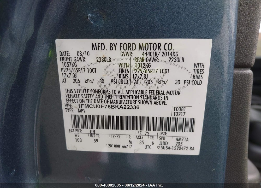 2011 FORD ESCAPE LIMITED VIN: 1FMCU0E76BKA22336
