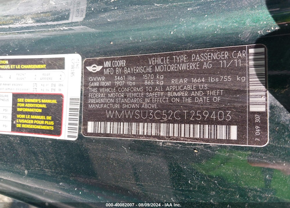 2012 MINI COOPER VIN: WMWSU3C52CT259403