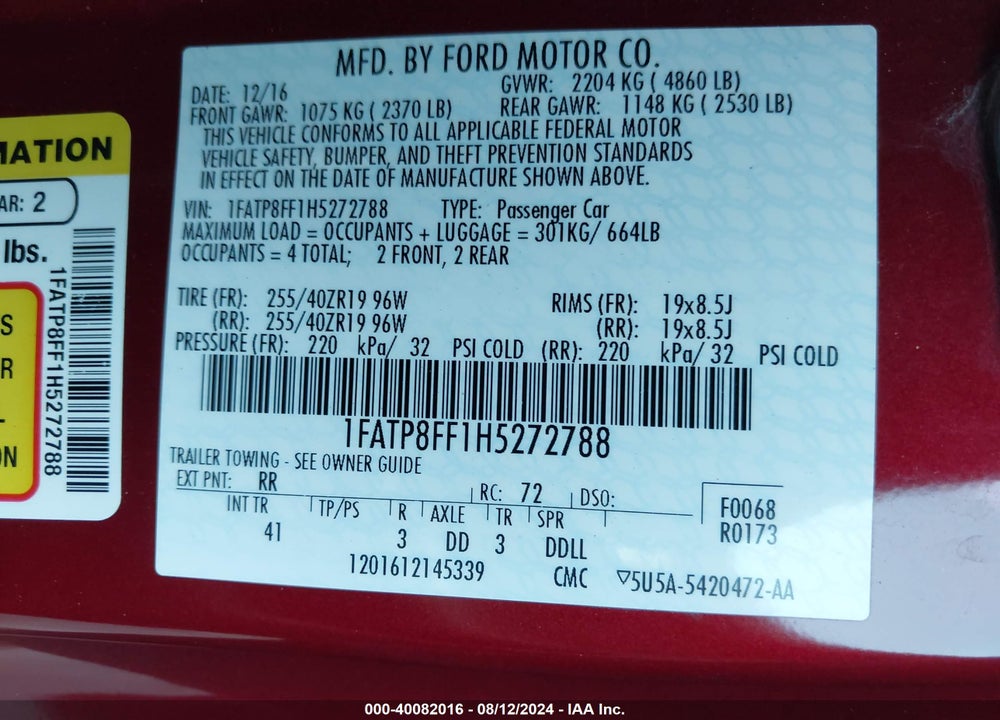 2017 FORD MUSTANG GT PREMIUM VIN: 1FATP8FF1H5272788
