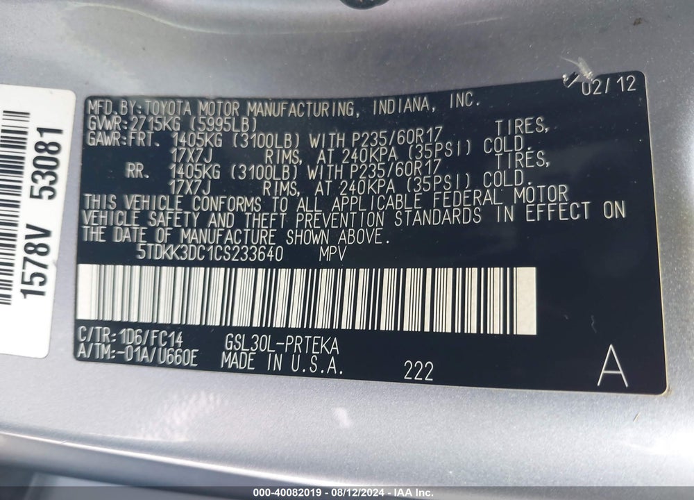 2012 TOYOTA SIENNA LE V6 8 PASSENGER VIN: 5TDKK3DC1CS233640