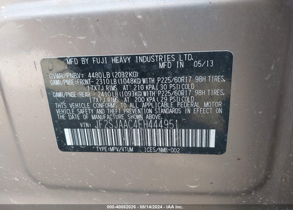 2014 SUBARU FORESTER 2.5I VIN: JF2SJAAC4EH444951