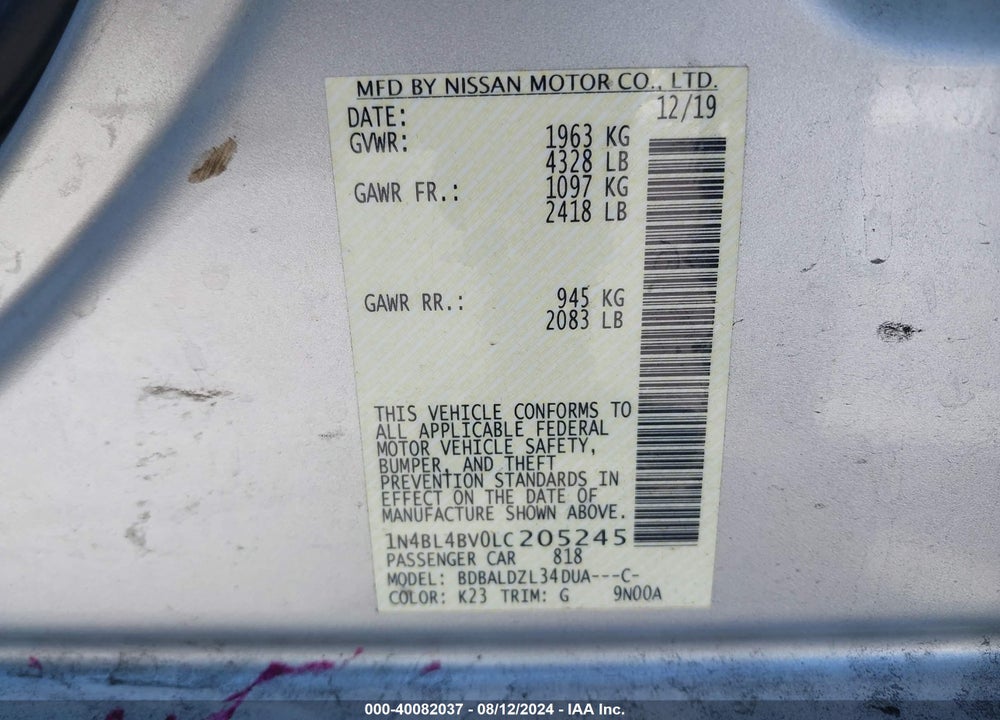 2020 NISSAN ALTIMA S FWD VIN: 1N4BL4BV0LC205245