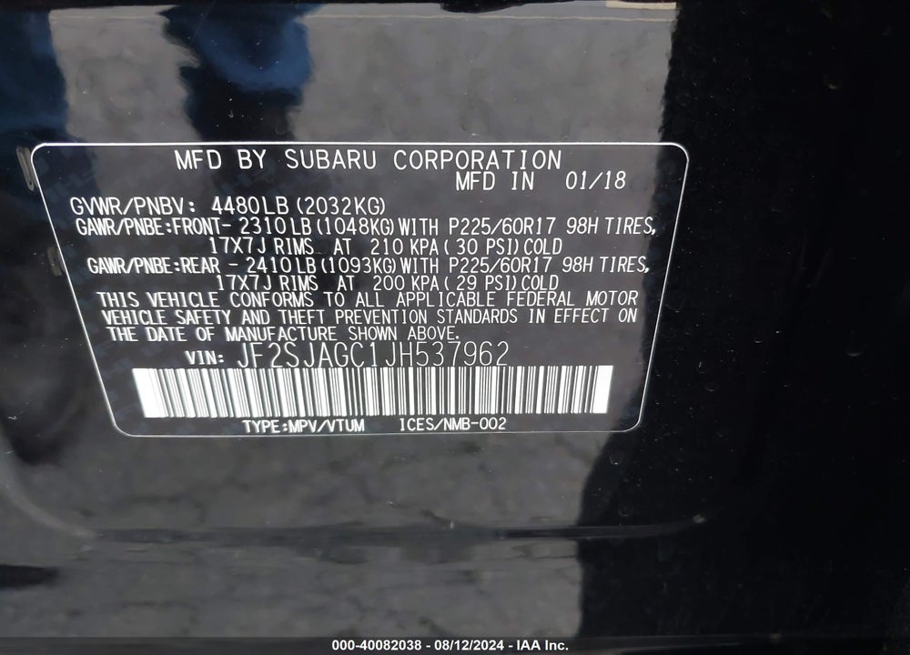 2018 SUBARU FORESTER 2.5I PREMIUM VIN: JF2SJAGC1JH537962