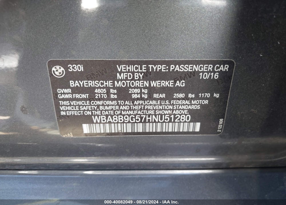 2017 BMW 330I VIN: WBA8B9G57HNU51280