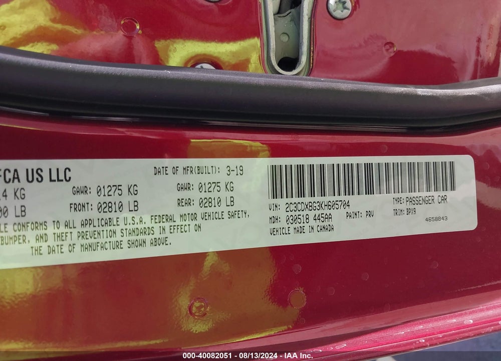 2019 DODGE CHARGER SXT RWD VIN: 2C3CDXBG3KH605704