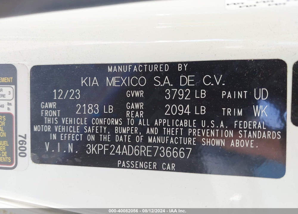 2024 KIA FORTE LX VIN: 3KPF24AD6RE736667