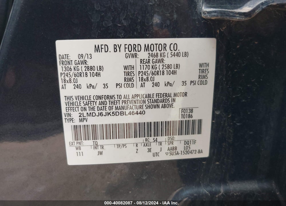 2013 LINCOLN MKX VIN: 2LMDJ6JK5DBL46440