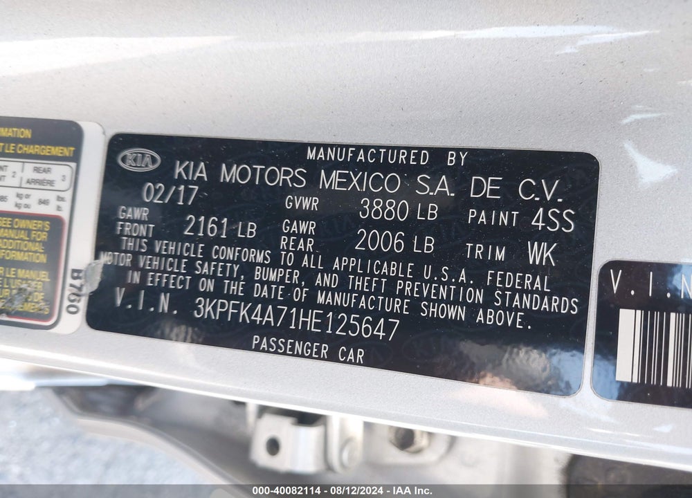 2017 KIA FORTE LX VIN: 3KPFK4A71HE125647