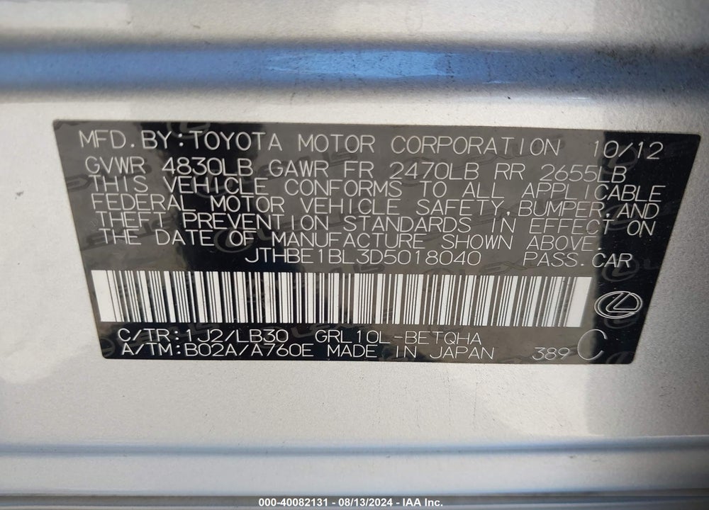 2013 LEXUS GS 350 VIN: JTHBE1BL3D5018040