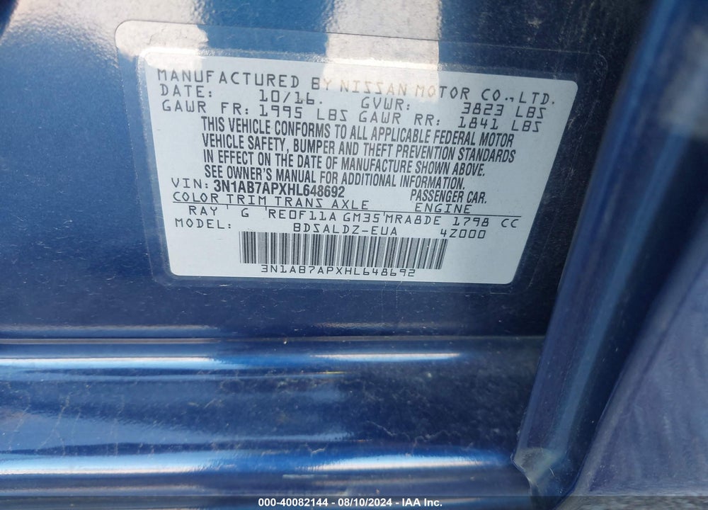 2017 NISSAN SENTRA SV VIN: 3N1AB7APXHL648692
