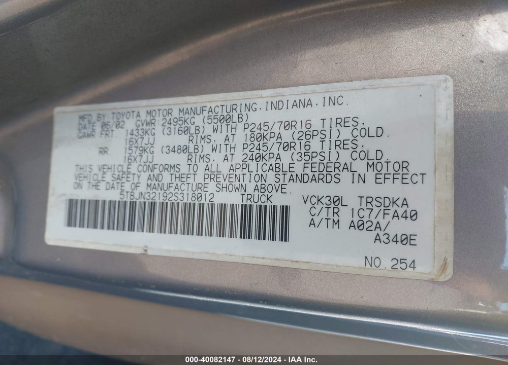 2002 TOYOTA TUNDRA VIN: 5TBJN32192S318012