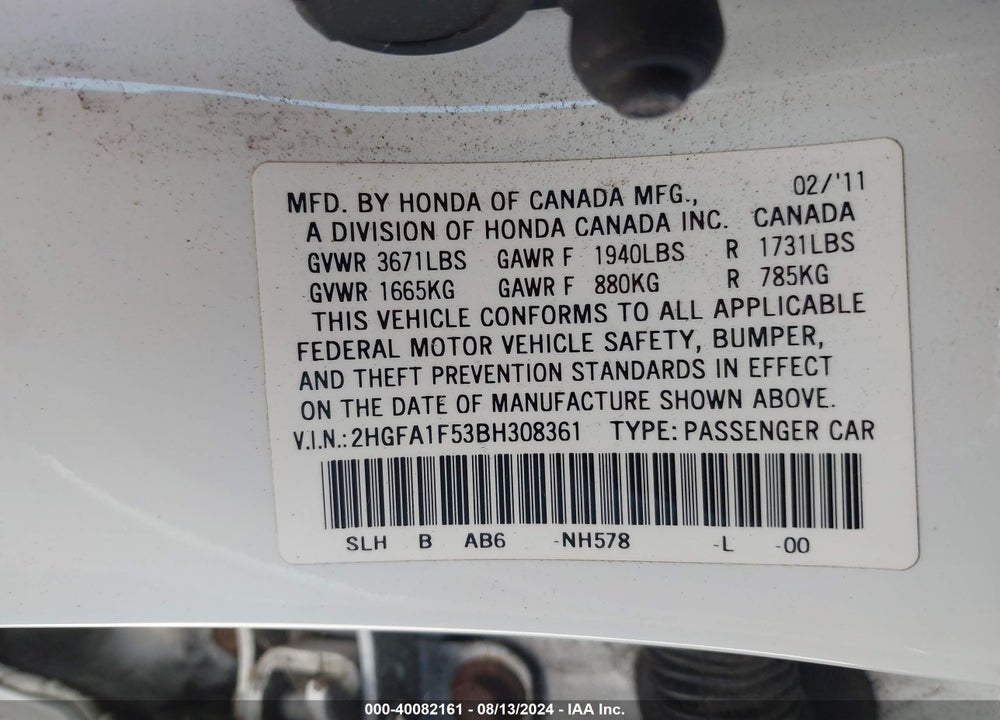 2011 HONDA CIVIC LX VIN: 2HGFA1F53BH308361