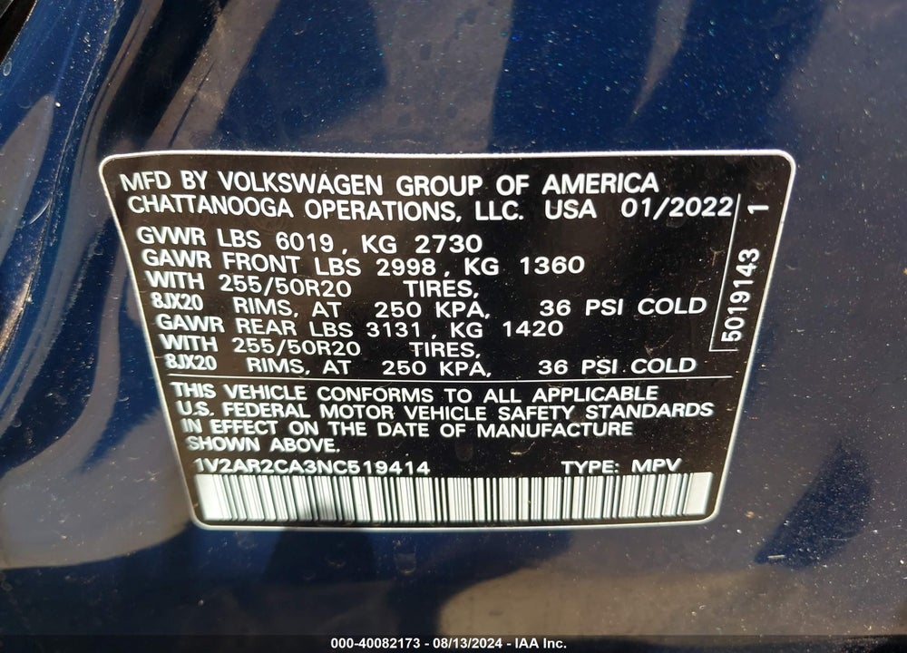 2022 VOLKSWAGEN ATLAS 3.6L V6 SEL R-LINE VIN: 1V2AR2CA3NC519414
