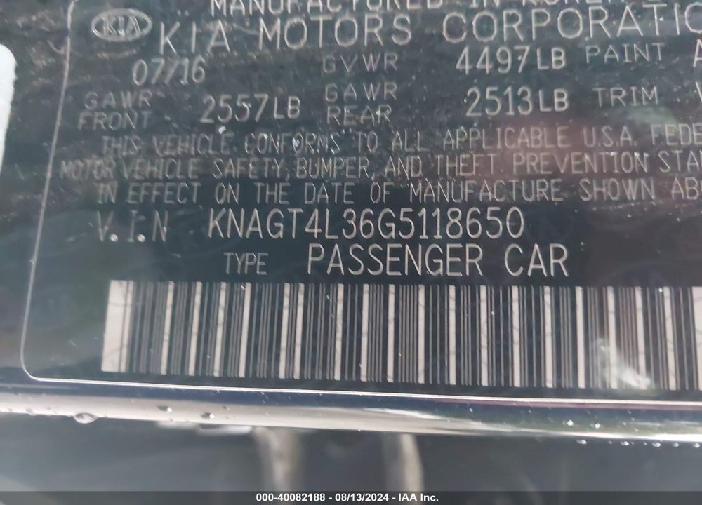 2016 KIA OPTIMA LX VIN: KNAGT4L36G5118650