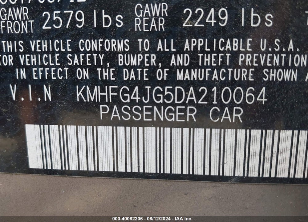 2013 HYUNDAI AZERA VIN: KMHFG4JG5DA210064