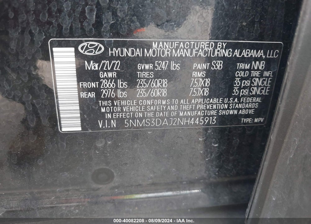 2022 HYUNDAI SANTA FE SEL VIN: 5NMS3DAJ2NH445913
