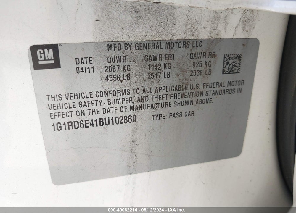 2011 CHEVROLET VOLT VIN: 1G1RD6E41BU102860
