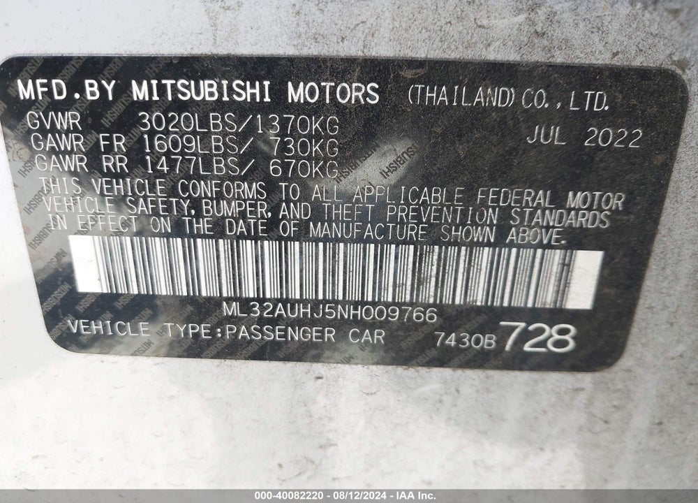 2022 MITSUBISHI MIRAGE VIN: ML32AUHJ5NH009766