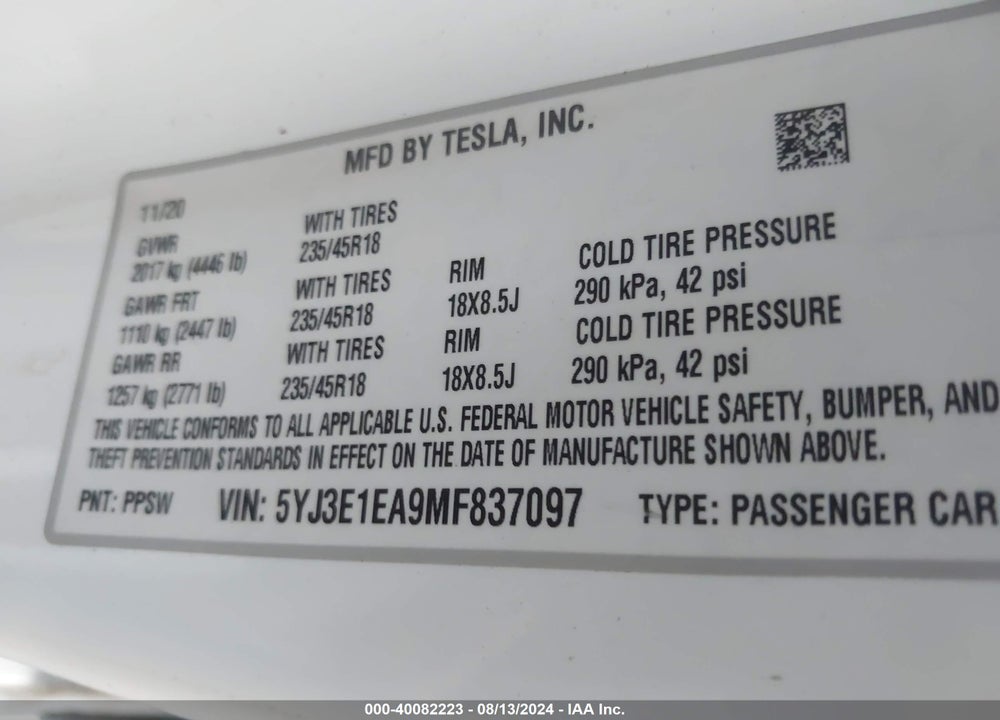 2021 TESLA MODEL 3 STANDARD RANGE PLUS REAR-WHEEL DRIVE VIN: 5YJ3E1EA9MF837097