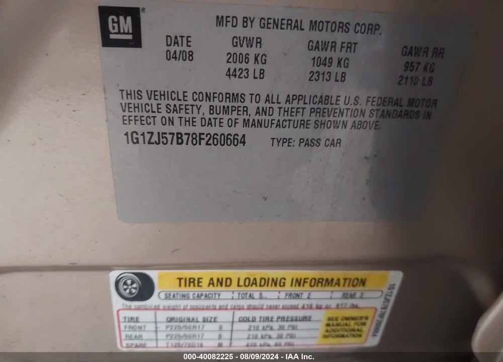 2008 CHEVROLET MALIBU LT VIN: 1G1ZJ57B78F260664