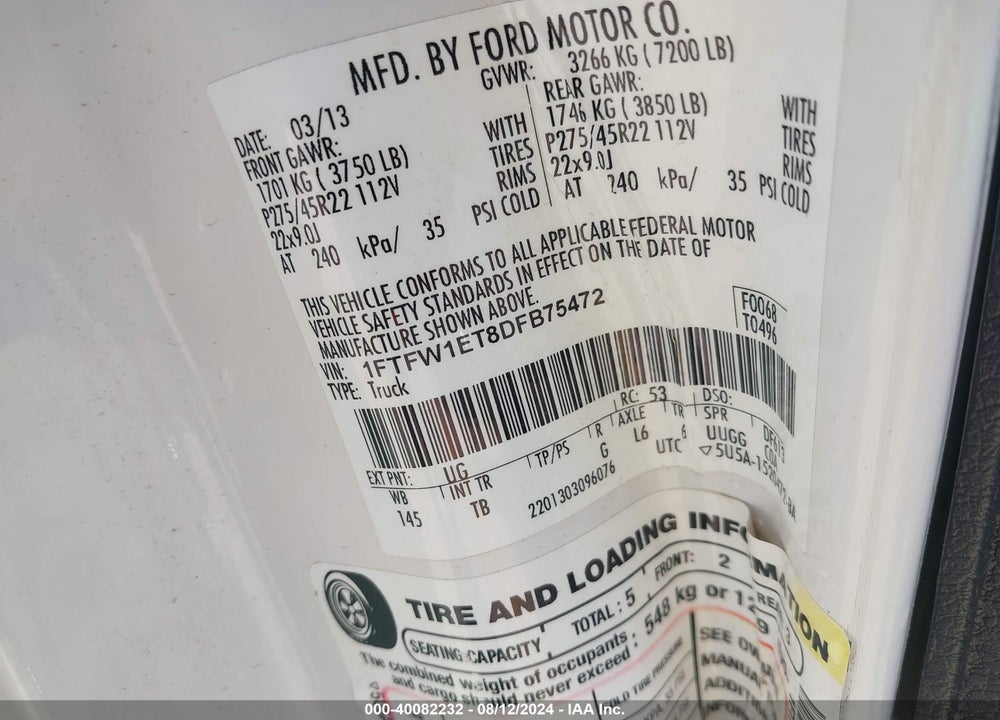 2013 FORD F-150 LIMITED VIN: 1FTFW1ET8DFB75472