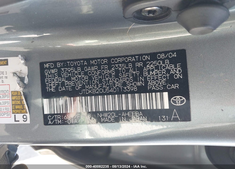 2004 TOYOTA PRIUS VIN: JTDKB20U540113398