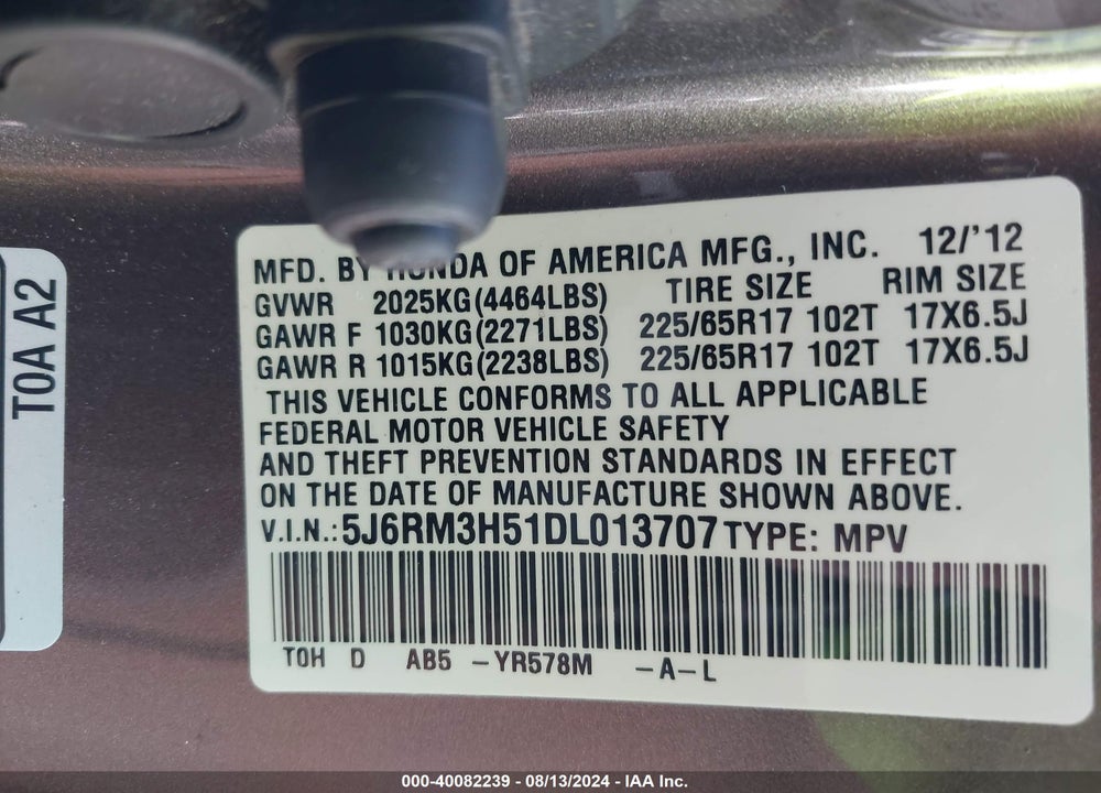 2013 HONDA CR-V EX VIN: 5J6RM3H51DL013707