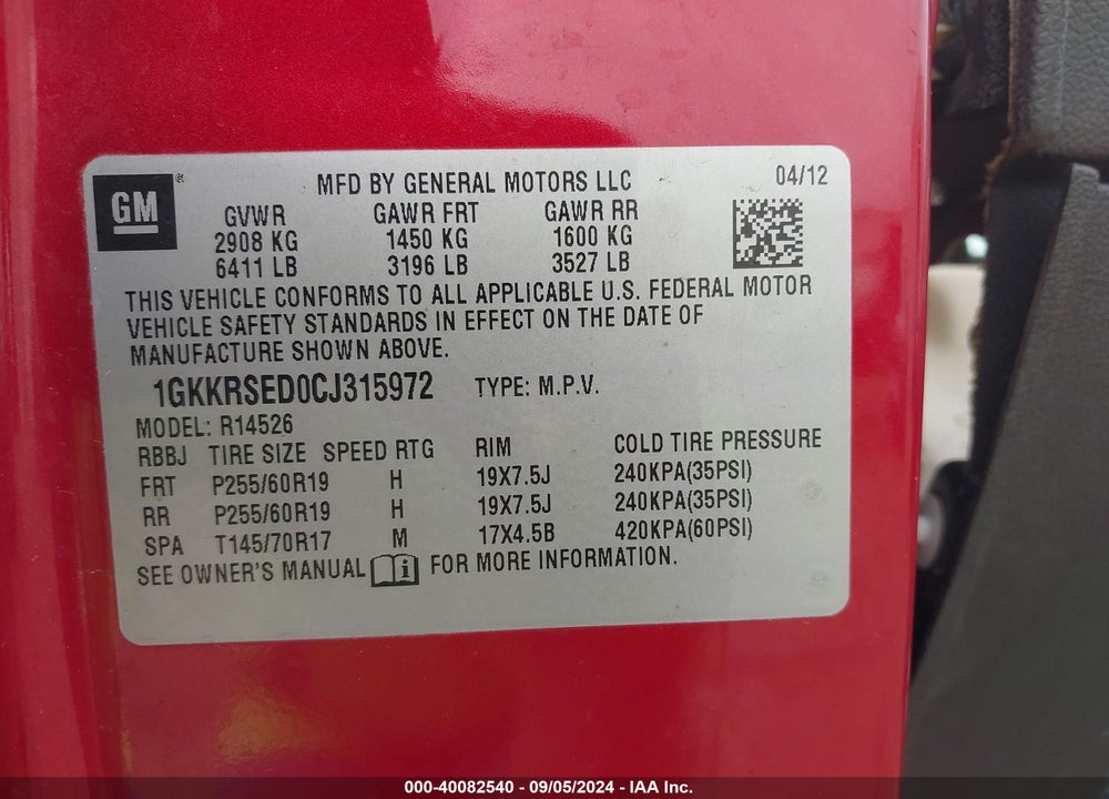 2012 GMC ACADIA SLT-2 VIN: 1GKKRSED0CJ315972