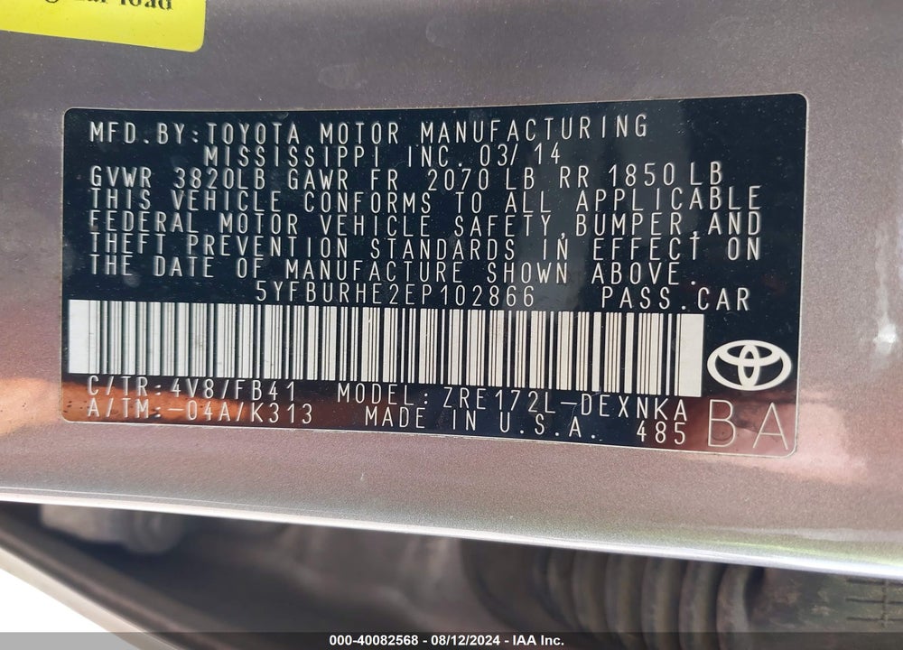 2014 TOYOTA COROLLA LE VIN: 5YFBURHE2EP102866