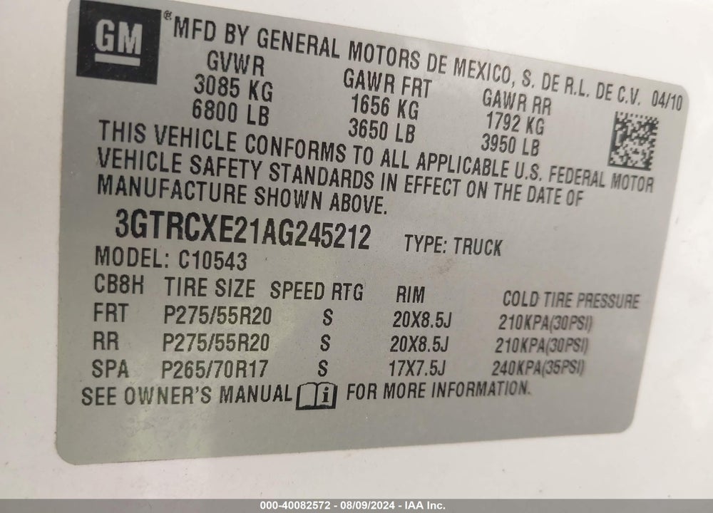 2010 GMC SIERRA 1500 DENALI VIN: 3GTRCXE21AG245212