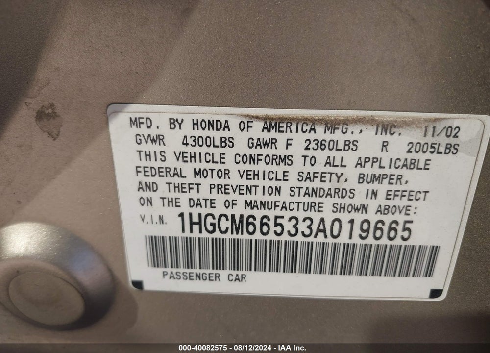 2003 HONDA ACCORD 3.0 EX VIN: 1HGCM66533A019665