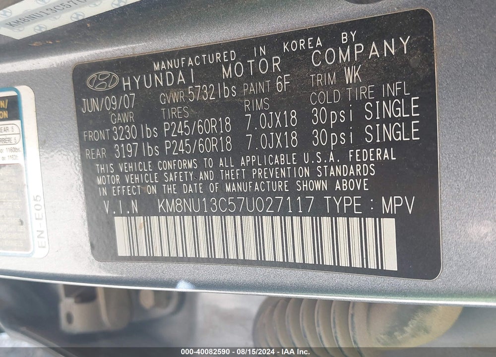 2007 HYUNDAI VERACRUZ GLS/LIMITED/SE VIN: KM8NU13C57U027117