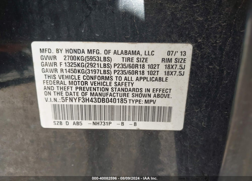 2013 HONDA PILOT EX VIN: 5FNYF3H43DB040185