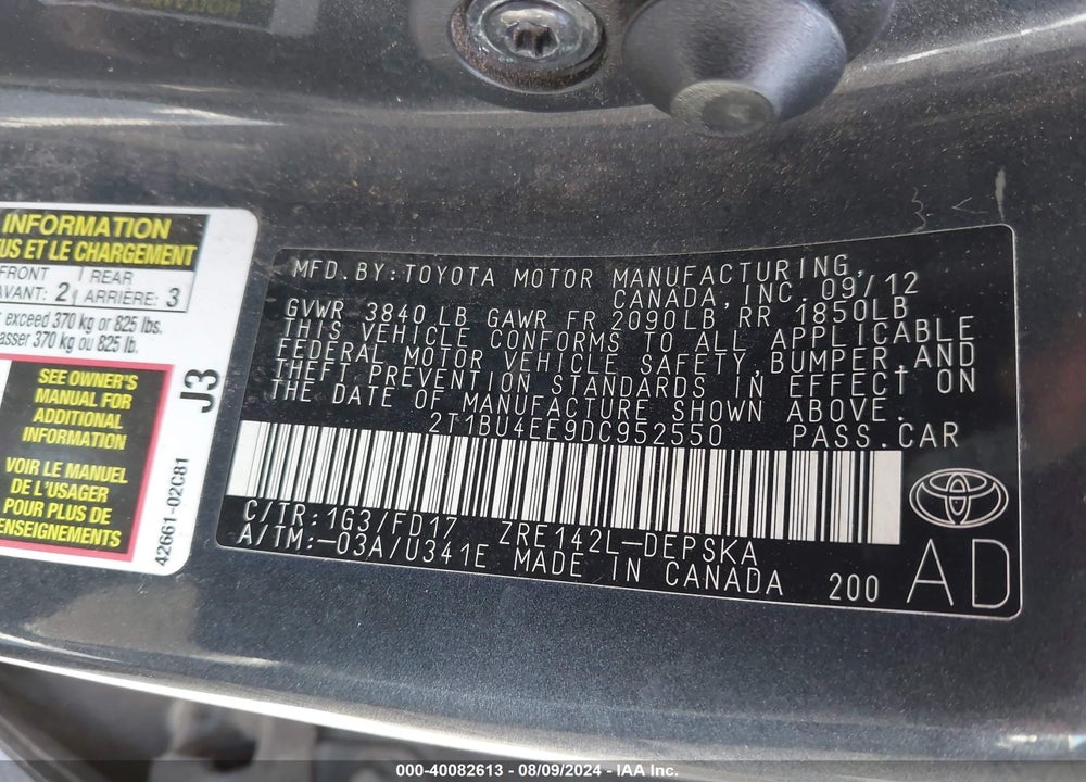 2013 TOYOTA COROLLA S/LE VIN: 2T1BU4EE9DC952550