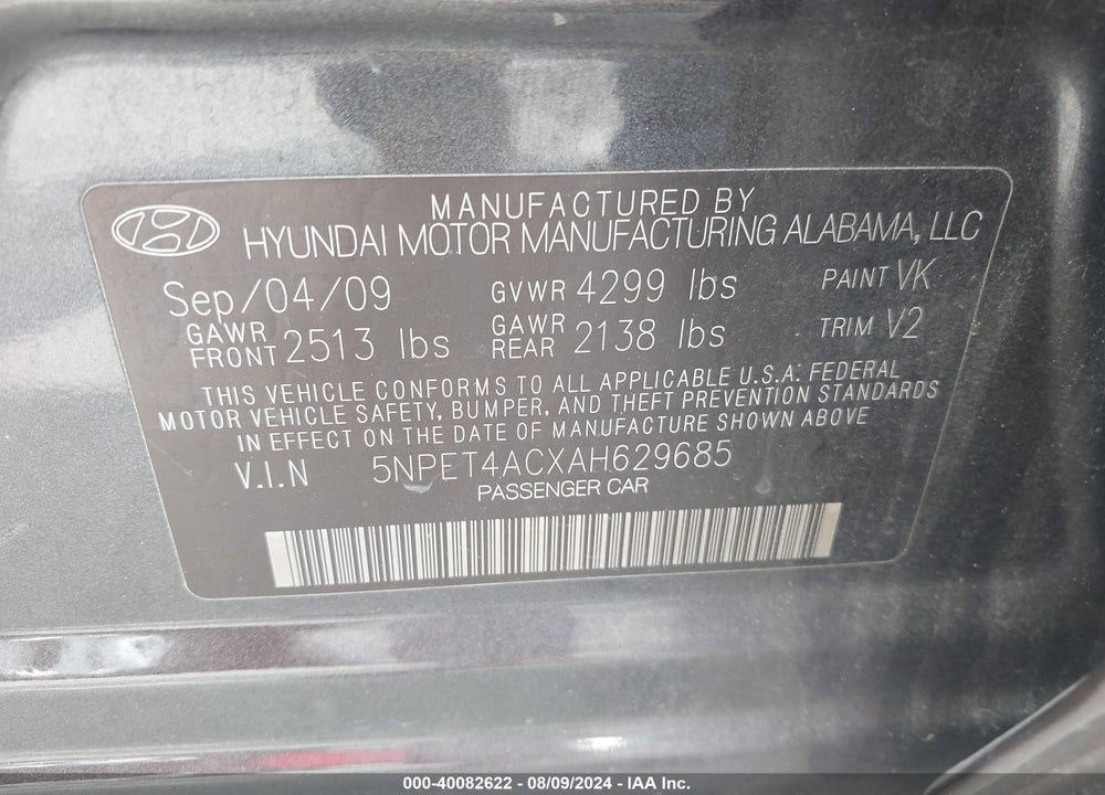2010 HYUNDAI SONATA GLS VIN: 5NPET4ACXAH629685